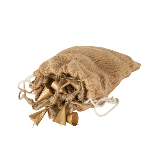 Gold Metal Tibetan-Inspired Decorative Bells with Brown Jute Rope and Canvas Drawstring Tote Set